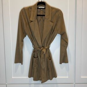 Level 99 Evereve Jacket Cardigan Faux Suede Camel Open Front Belt Tie